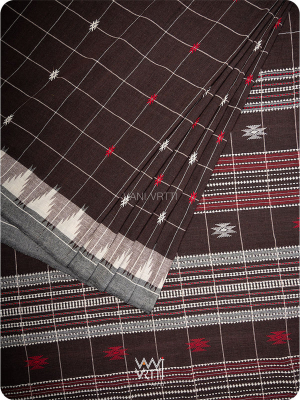 Deep Coffee Checks Peacock Cotton Kotpad Sari