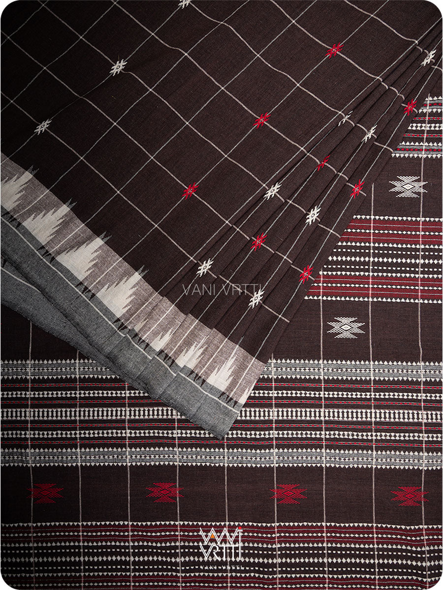 Deep Coffee Checks Peacock Cotton Kotpad Sari