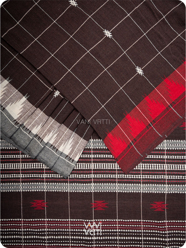 Deep Coffee Checks Peacock Cotton Kotpad Sari