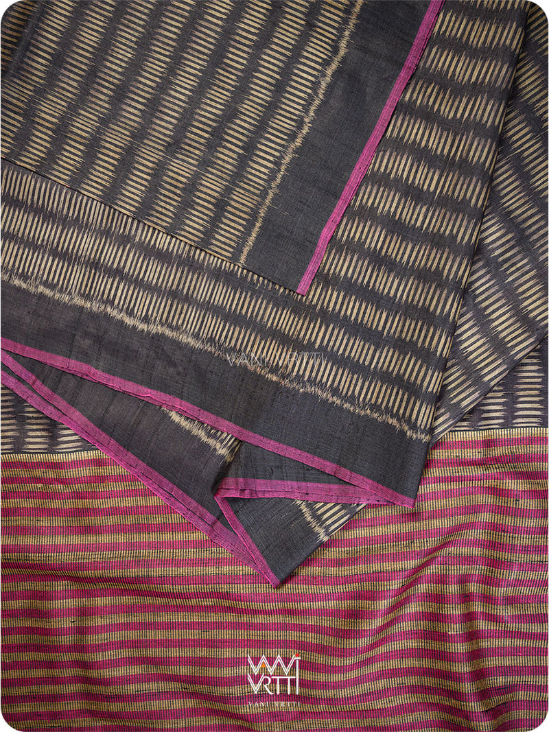 Black Small Manira Ikat Handspun Tussar Silk Saree