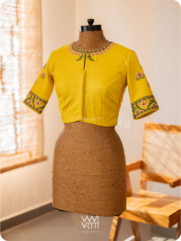 Yellow Lotus Parrot Hand Embroidery Tussar Silk Blouse