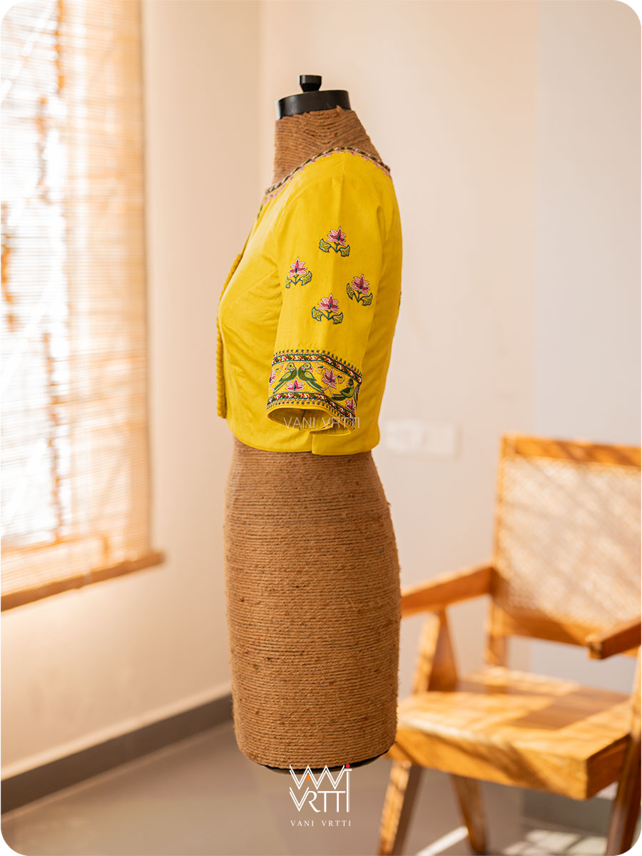 Yellow Lotus Parrot Hand Embroidery Tussar Silk Blouse