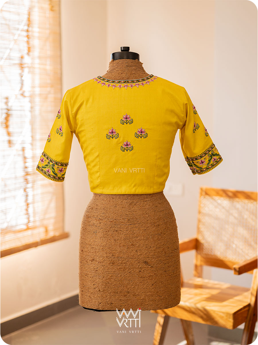 Yellow Lotus Parrot Hand Embroidery Tussar Silk Blouse
