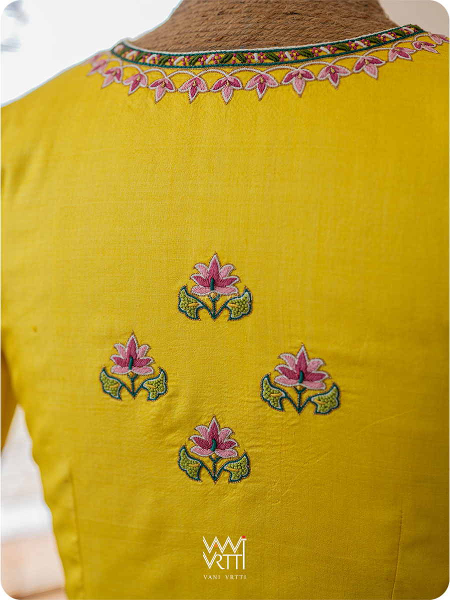 Yellow Lotus Parrot Hand Embroidery Tussar Silk Blouse