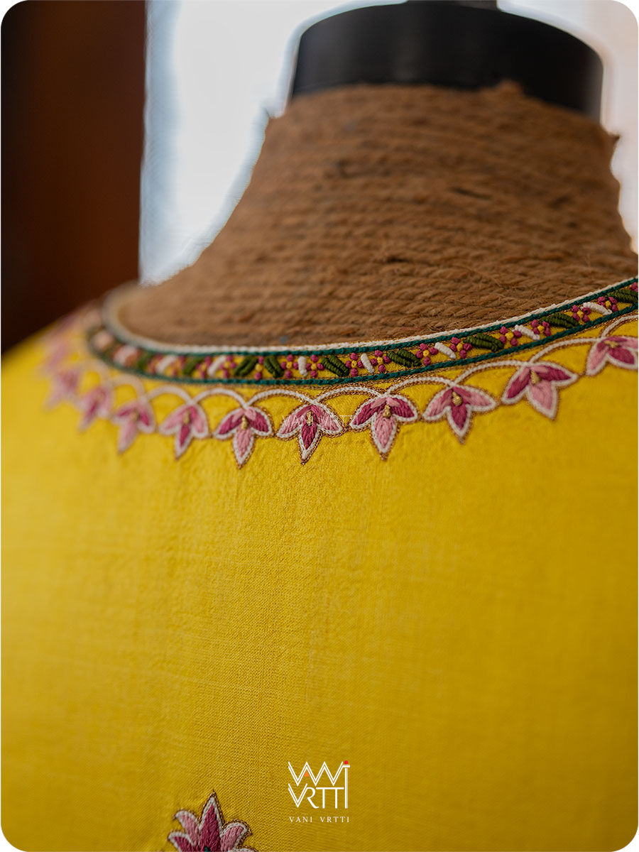 Yellow Lotus Parrot Hand Embroidery Tussar Silk Blouse