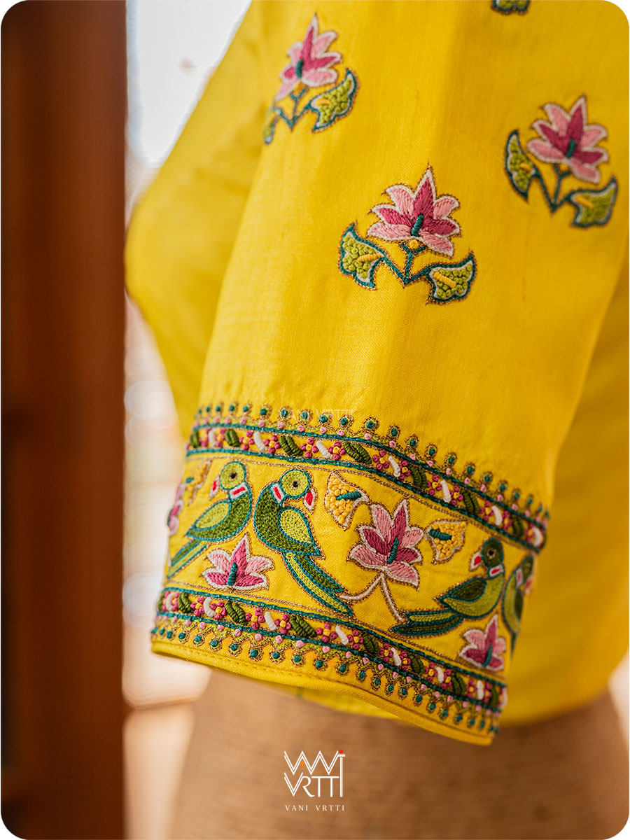 Yellow Lotus Parrot Hand Embroidery Tussar Silk Blouse