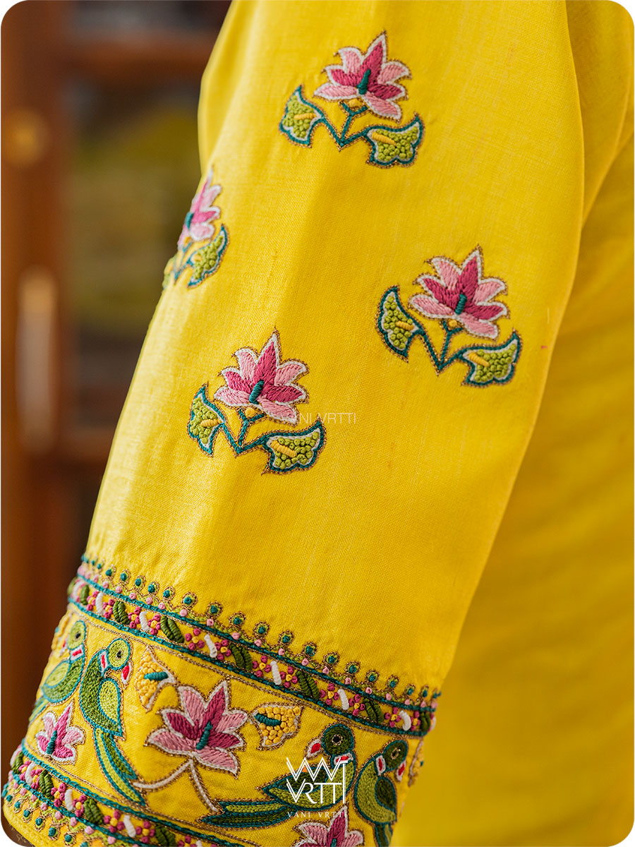 Yellow Lotus Parrot Hand Embroidery Tussar Silk Blouse