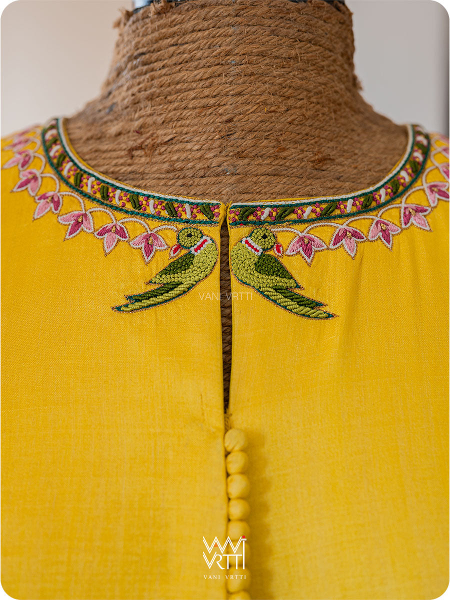 Yellow Lotus Parrot Hand Embroidery Tussar Silk Blouse