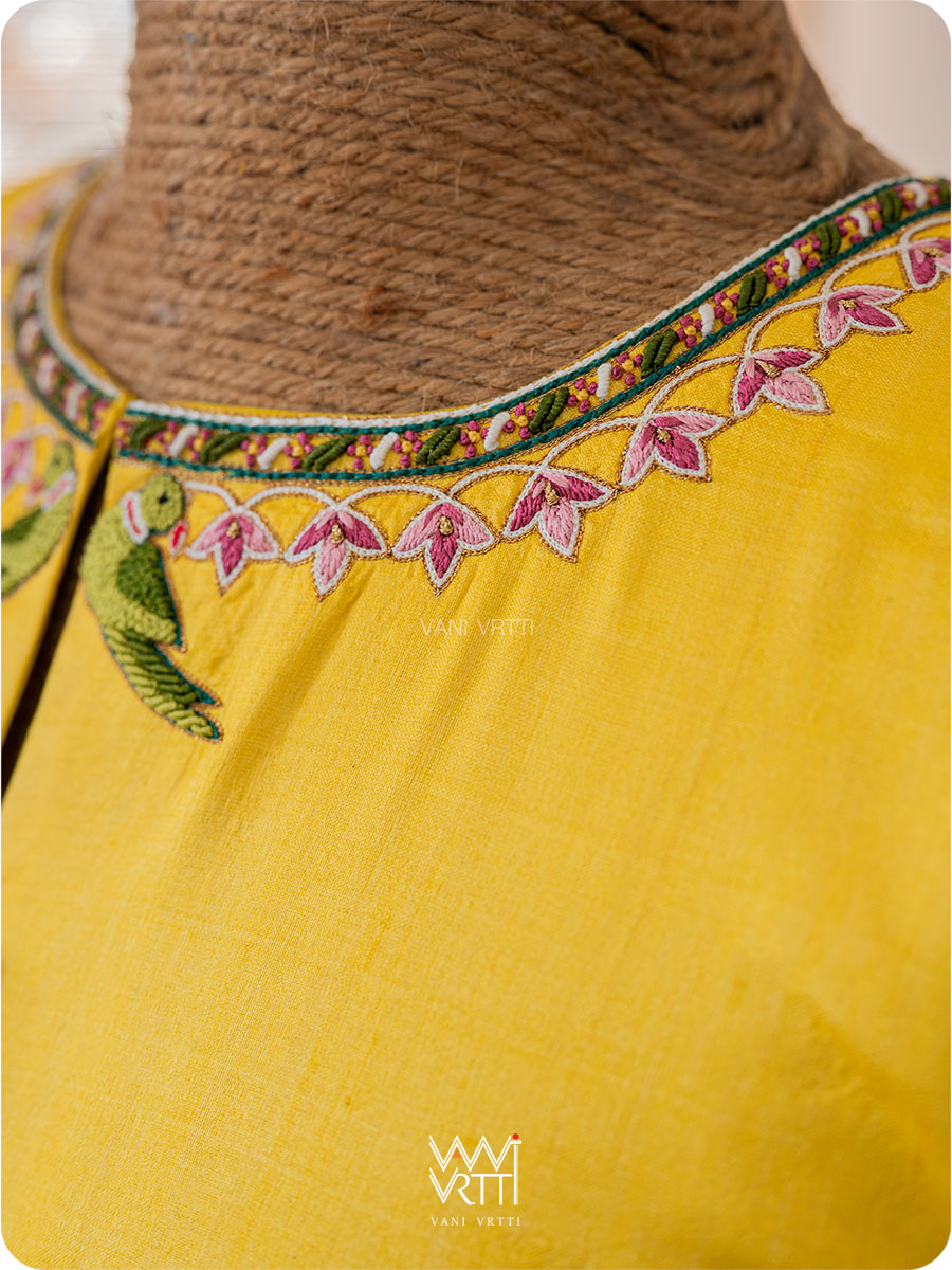Yellow Lotus Parrot Hand Embroidery Tussar Silk Blouse