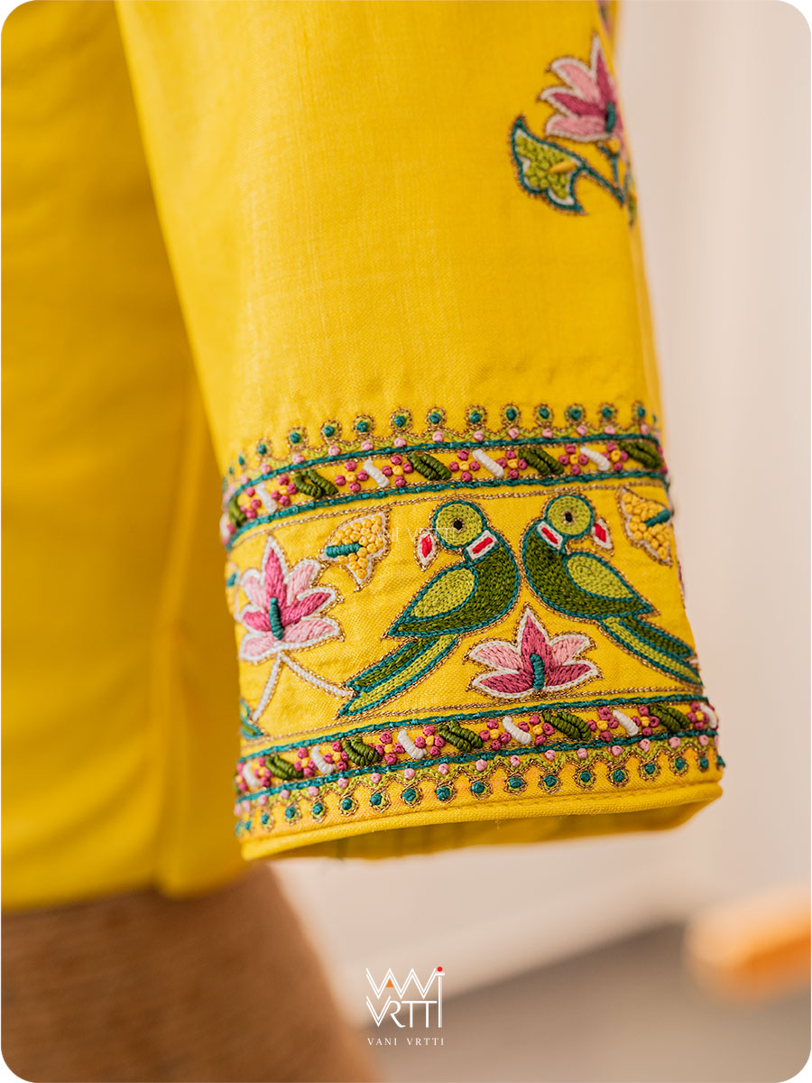 Yellow Lotus Parrot Hand Embroidery Tussar Silk Blouse