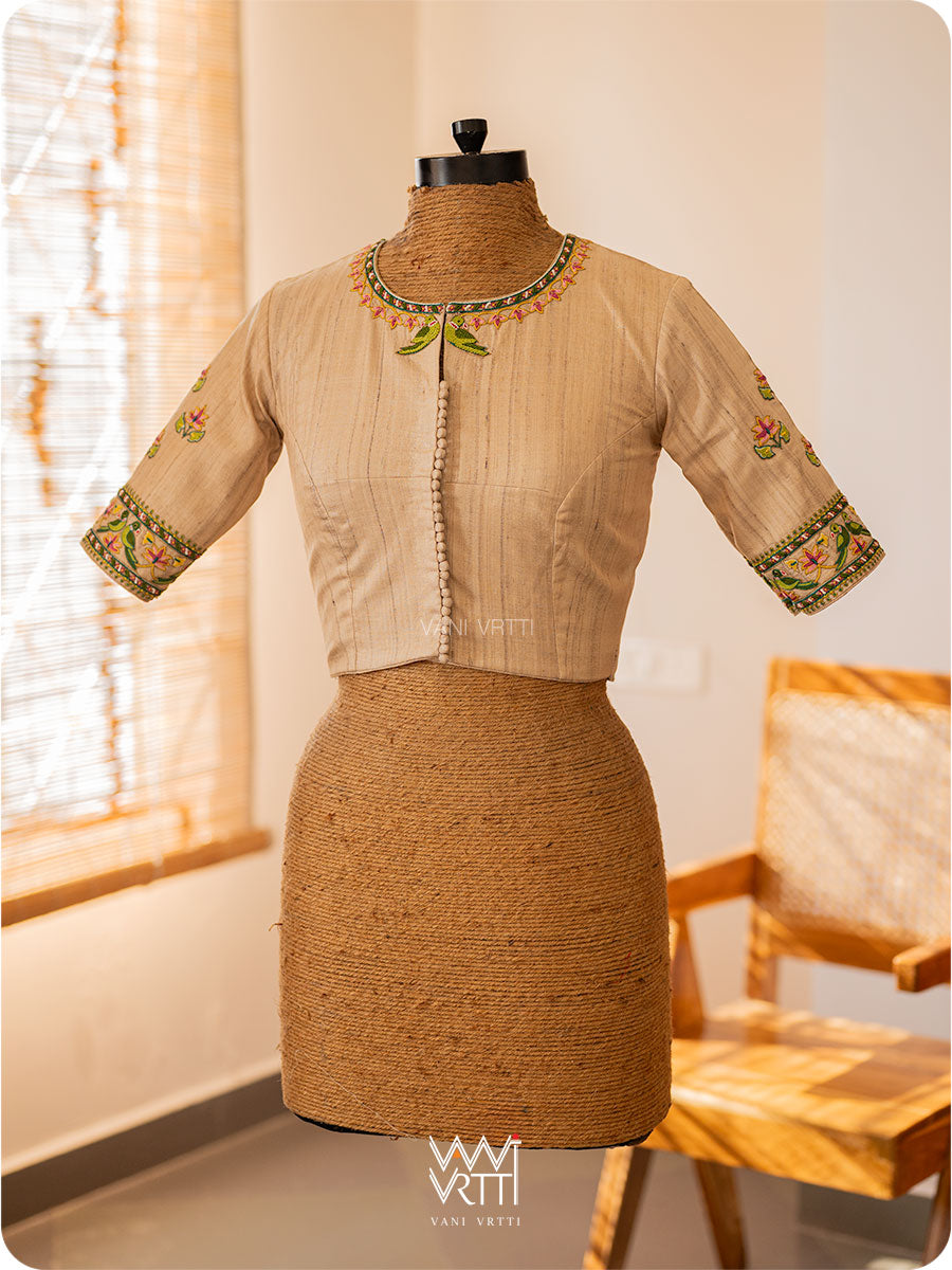 Off White Lotus Parrot Hand Embroidery Tussar Silk Blouse