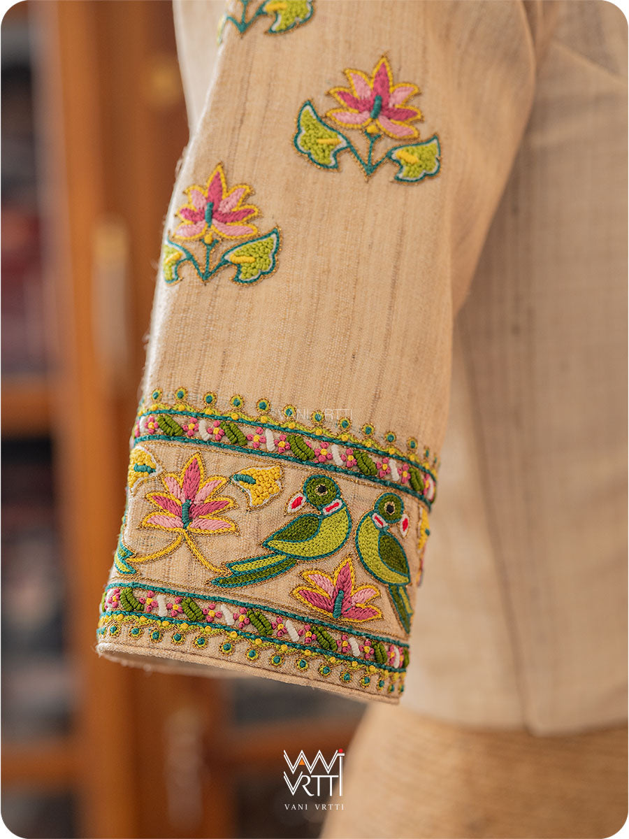 Off White Lotus Parrot Hand Embroidery Tussar Silk Blouse