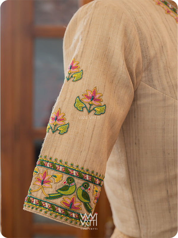 Off White Lotus Parrot Hand Embroidery Tussar Silk Blouse