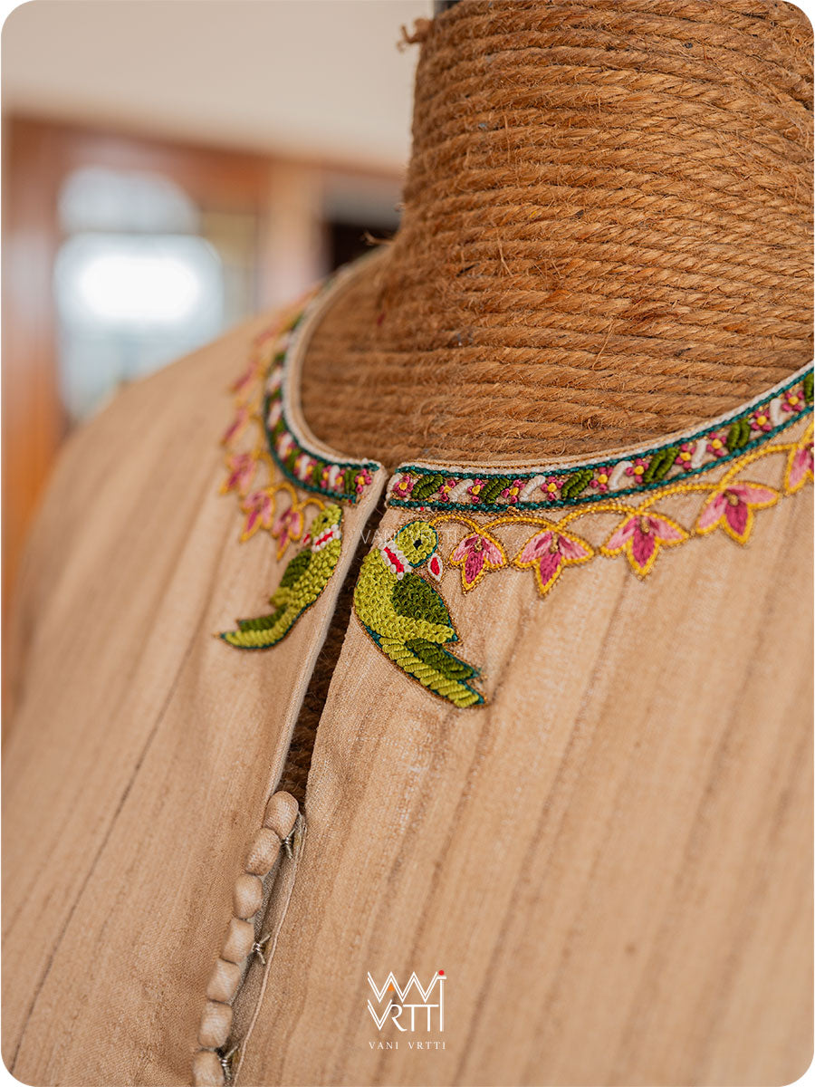 Off White Lotus Parrot Hand Embroidery Tussar Silk Blouse