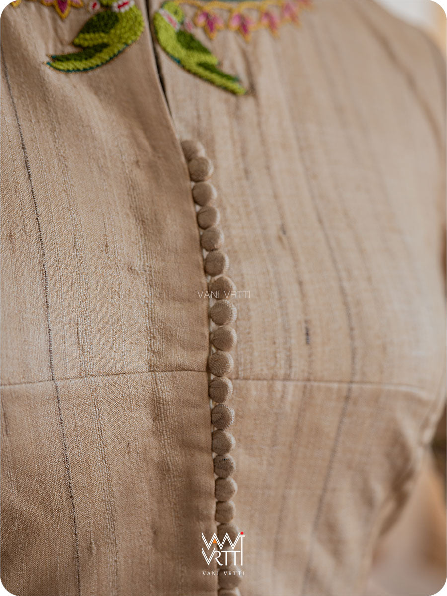 Off White Lotus Parrot Hand Embroidery Tussar Silk Blouse