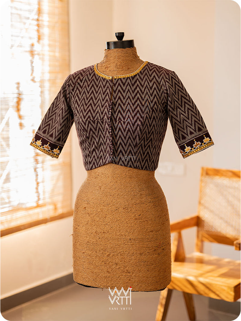 Coffee Brown Tree Of Life Zardozi Cotton Ikat Blouse