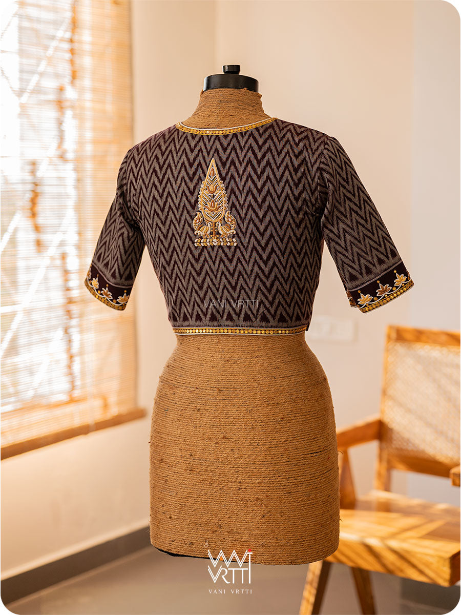 Coffee Brown Tree Of Life Zardozi Cotton Ikat Blouse