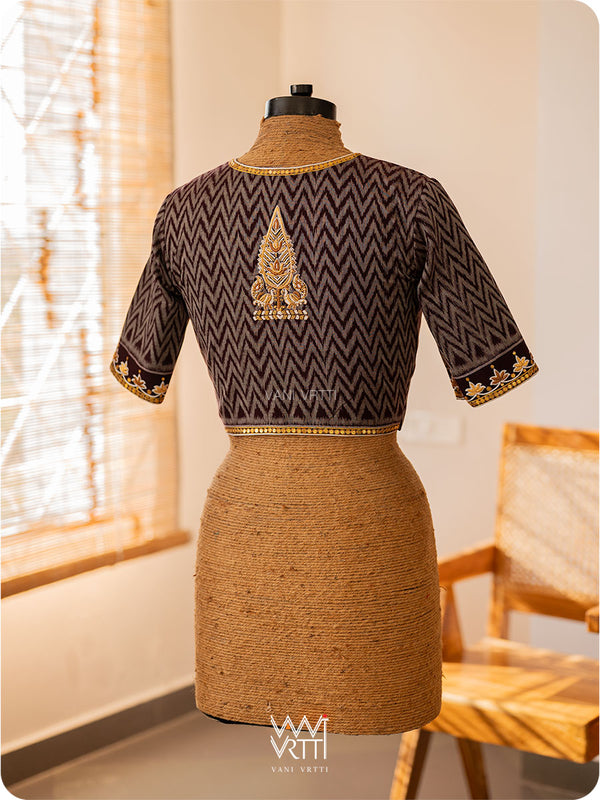 Coffee Brown Tree Of Life Zardozi Cotton Ikat Blouse