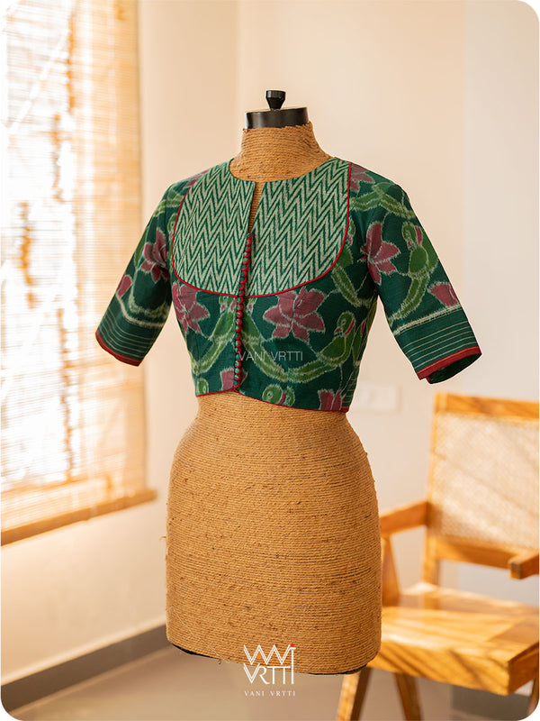 Deep Bottle Green Lotus Parrot Yoke Cotton Ikat Blouse