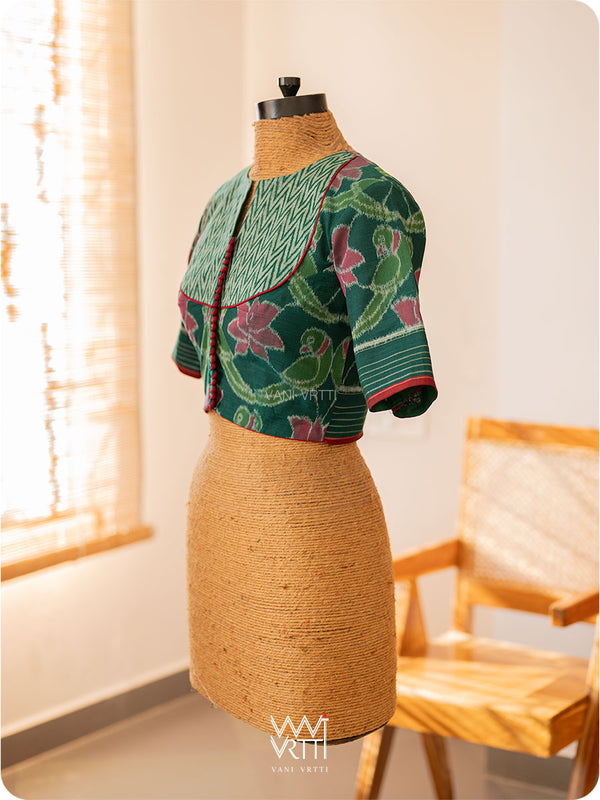 Deep Bottle Green Lotus Parrot Yoke Cotton Ikat Blouse
