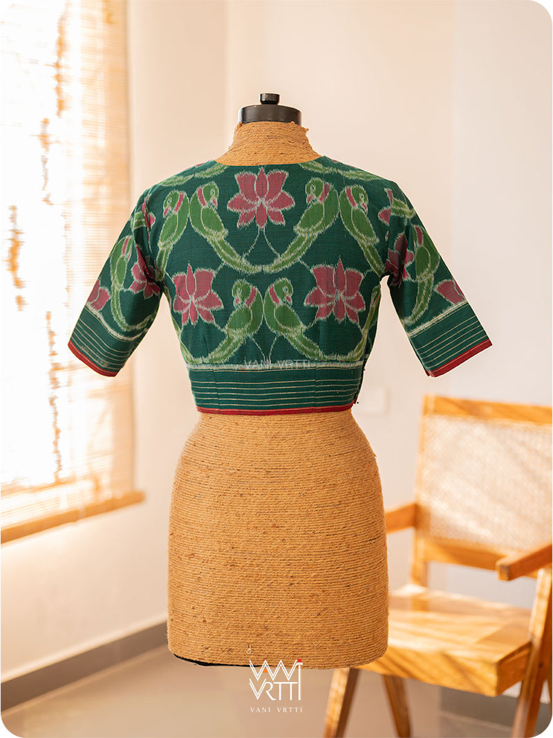 Deep Bottle Green Lotus Parrot Yoke Cotton Ikat Blouse