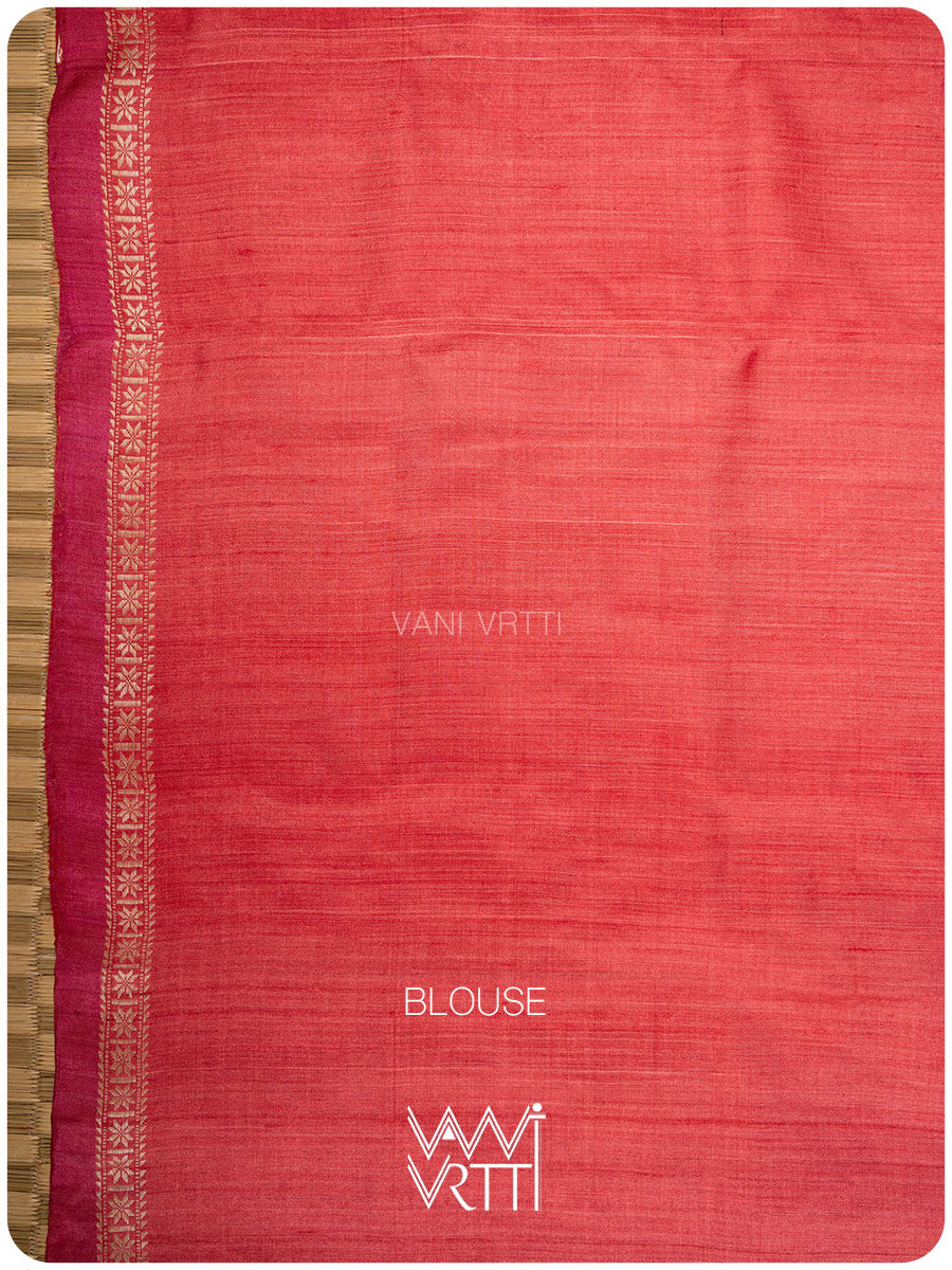 Watermelon Red Samudra Lahar Ikat Handspun Tussar Silk Sari
