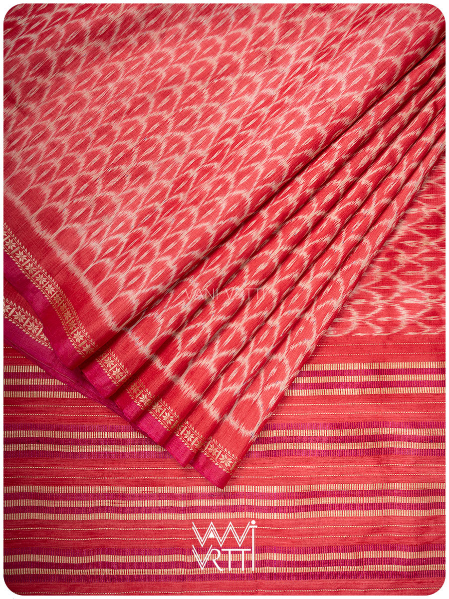 Watermelon Red Samudra Lahar Ikat Handspun Tussar Silk Sari