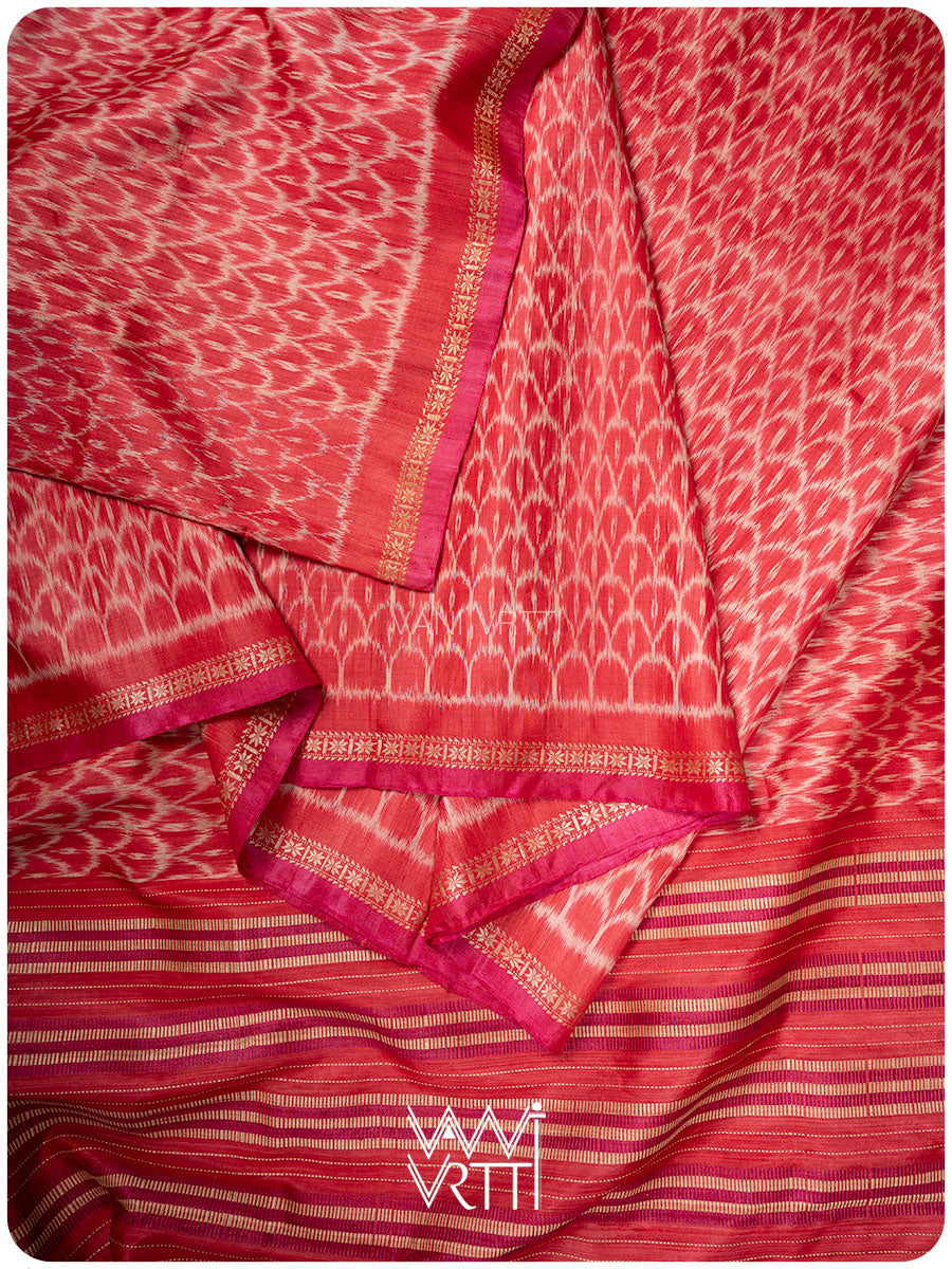 Watermelon Red Samudra Lahar Ikat Handspun Tussar Silk Sari