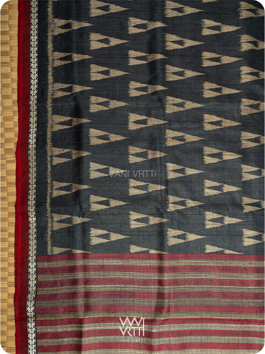Black Alpana Ikat Handspun Tussar Silk Saree