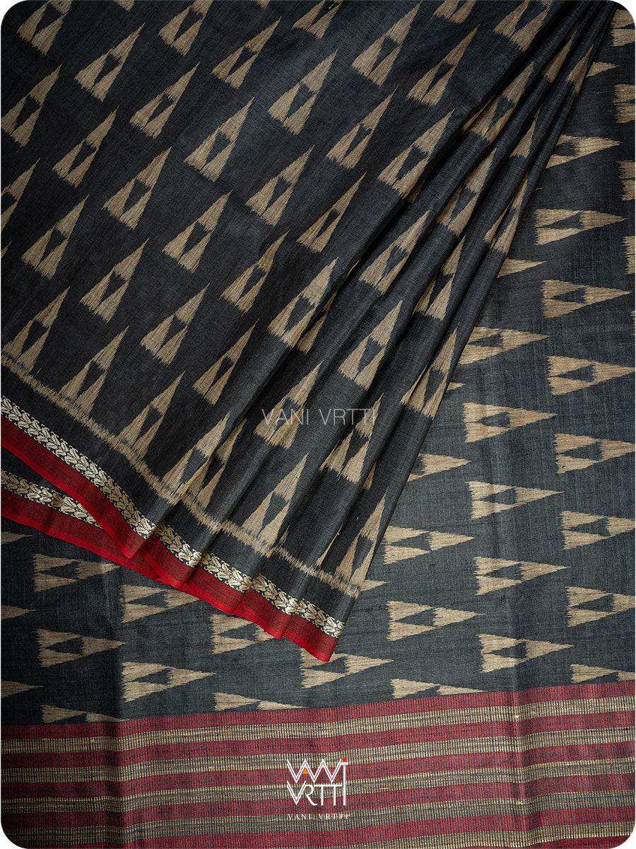 Black Alpana Ikat Handspun Tussar Silk Saree