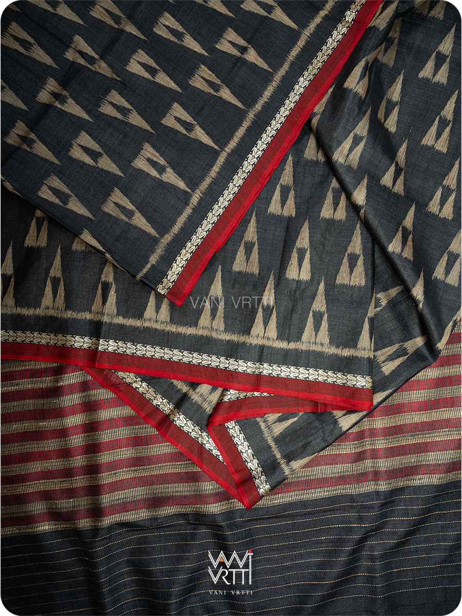 Black Alpana Ikat Handspun Tussar Silk Saree