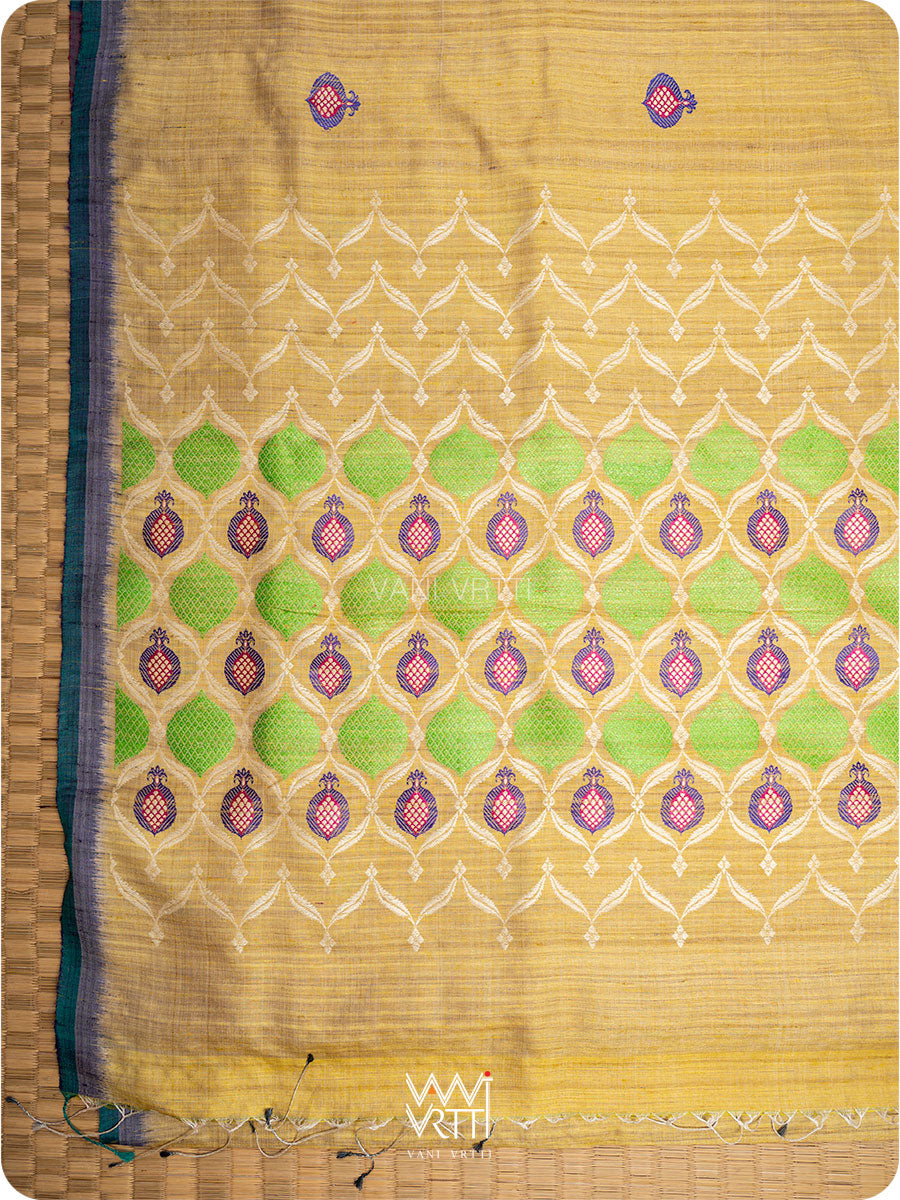 Pastel Yellow Pomegranate Jaal Handspun Tussar Silk Saree