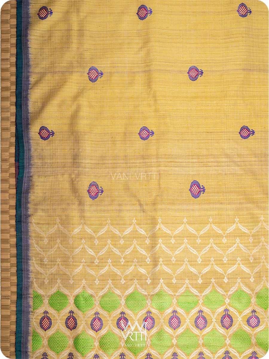 Pastel Yellow Pomegranate Jaal Handspun Tussar Silk Saree