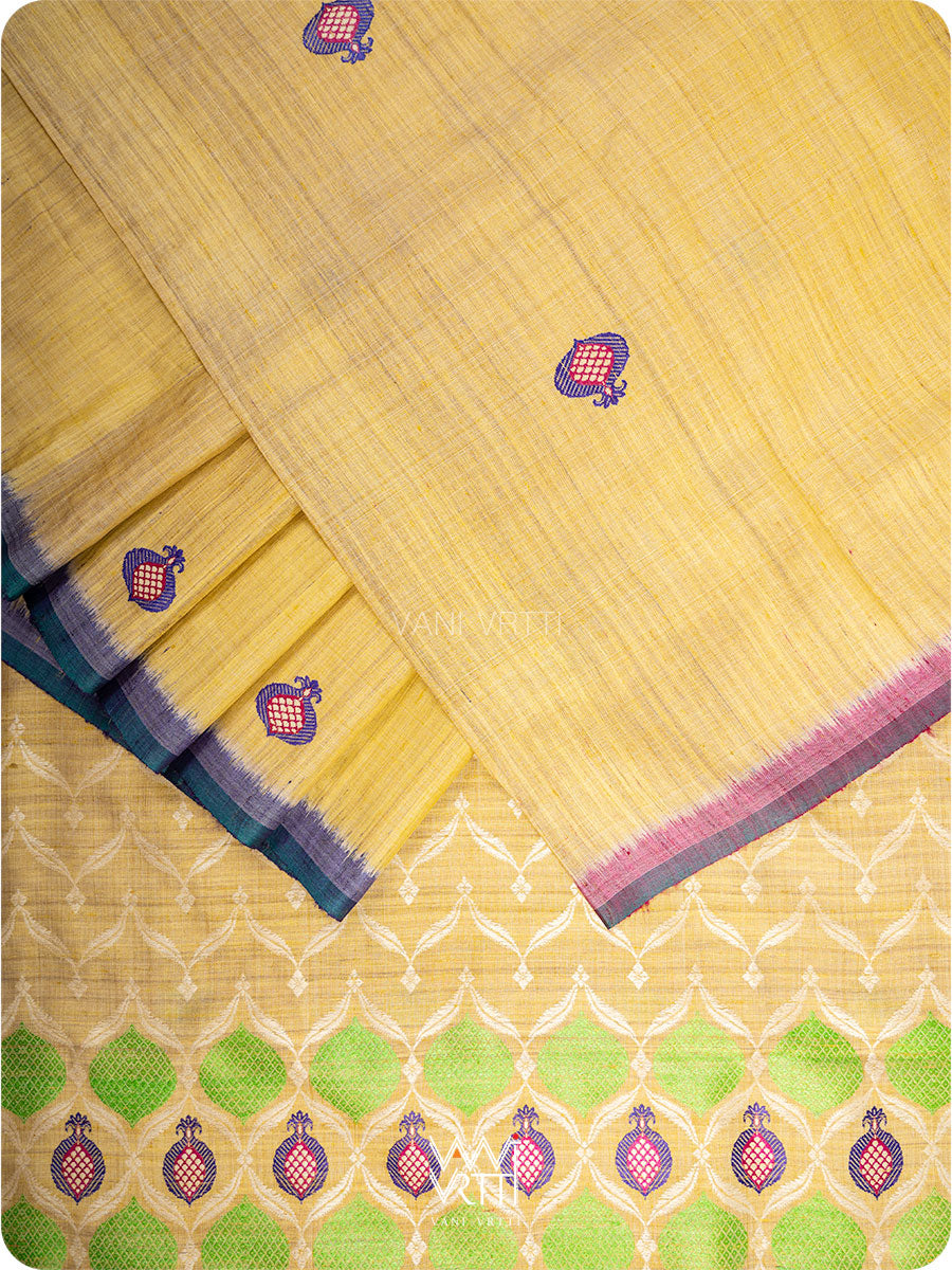Pastel Yellow Pomegranate Jaal Handspun Tussar Silk Saree