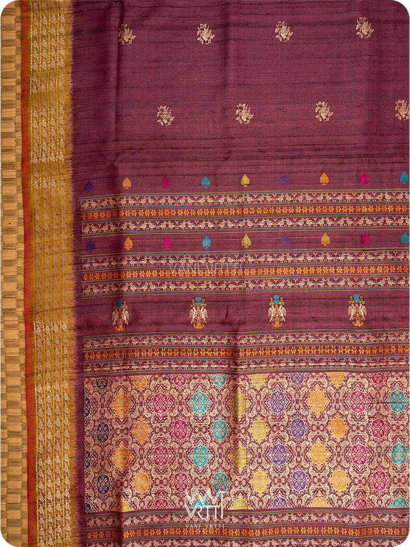 Deep Coffee Olive Green Nightingale Master Weave Exclusive Handspun Tussar Silk Saree