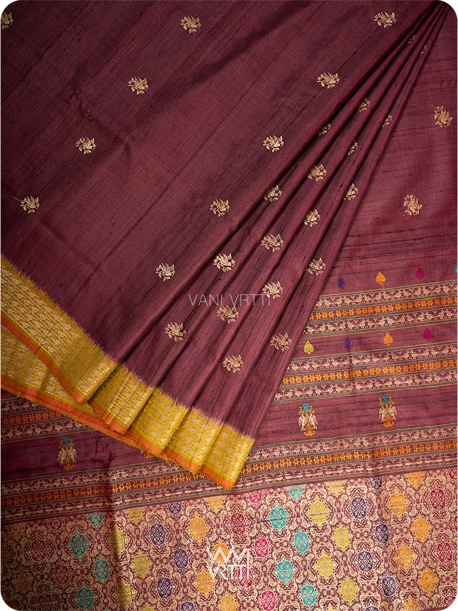 Deep Coffee Olive Green Nightingale Master Weave Exclusive Handspun Tussar Silk Saree