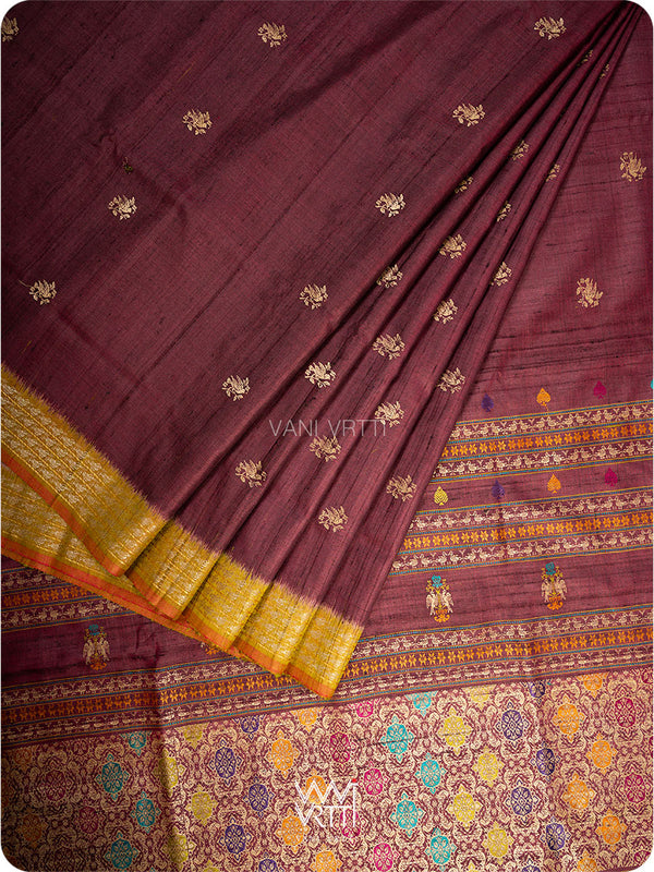 Deep Coffee Olive Green Nightingale Master Weave Exclusive Handspun Tussar Silk Saree