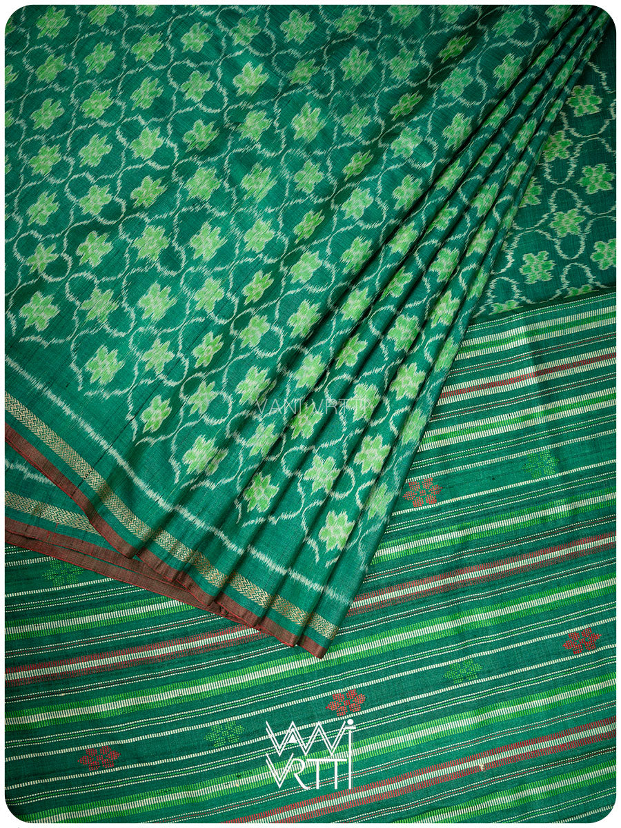 Emerald Green Nargis Ikat Handspun Tussar Silk Sari