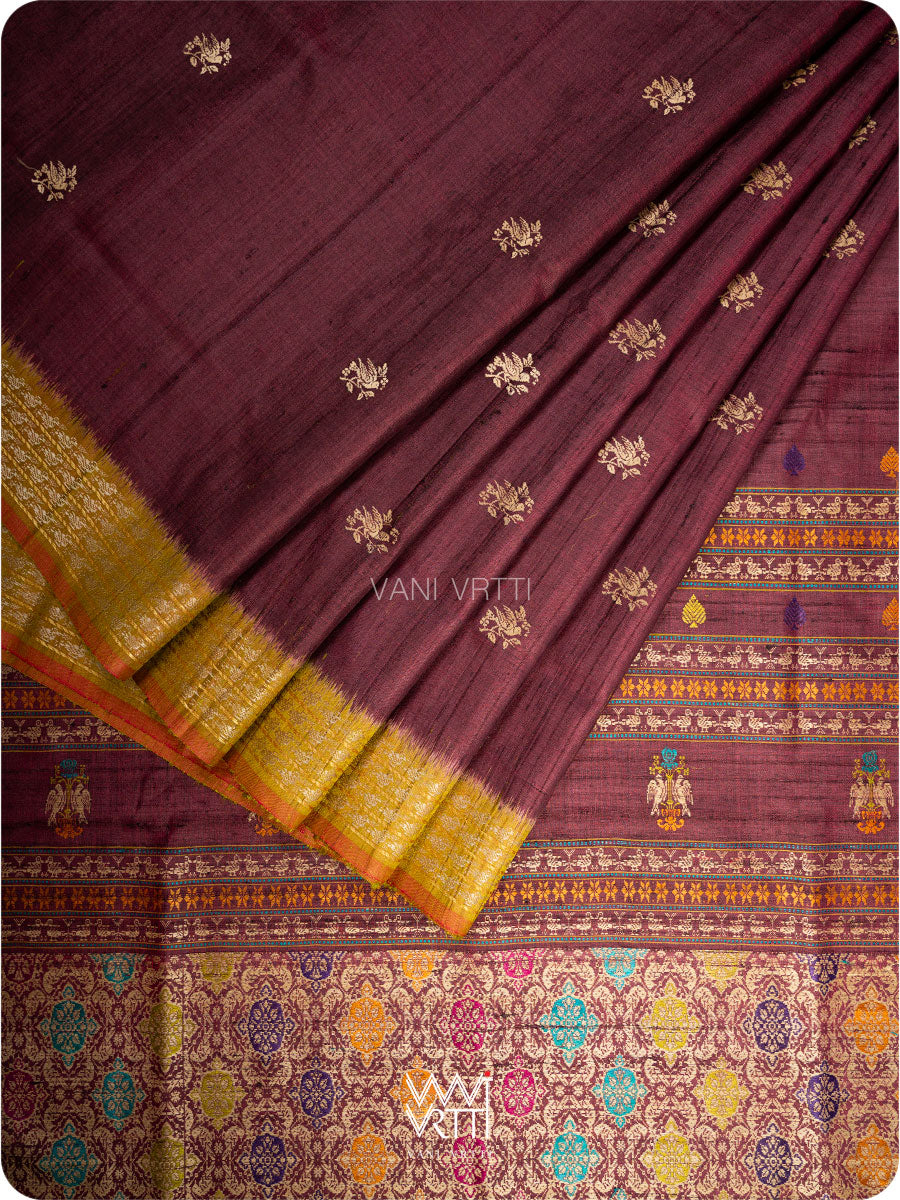 Deep Coffee Olive Green Nightingale Master Weave Exclusive Handspun Tussar Silk Saree
