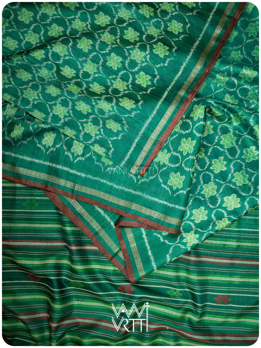 Emerald Green Nargis Ikat Handspun Tussar Silk Sari