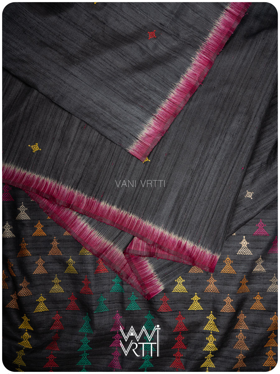 Slate Black Deomali Kondha Handspun Tussar Silk Sari