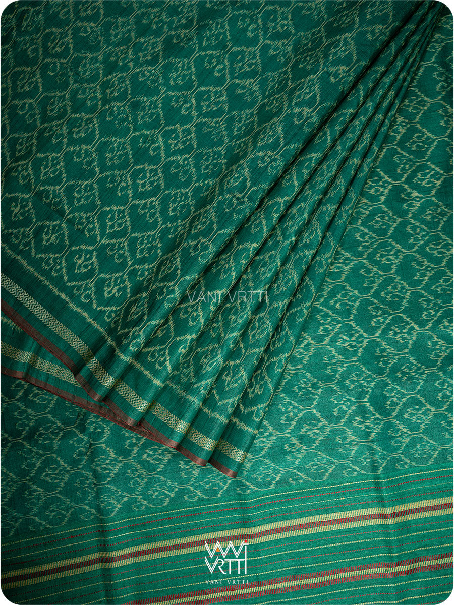 Emerald Green HoneyComb Ikat Handspun Tussar Silk Saree