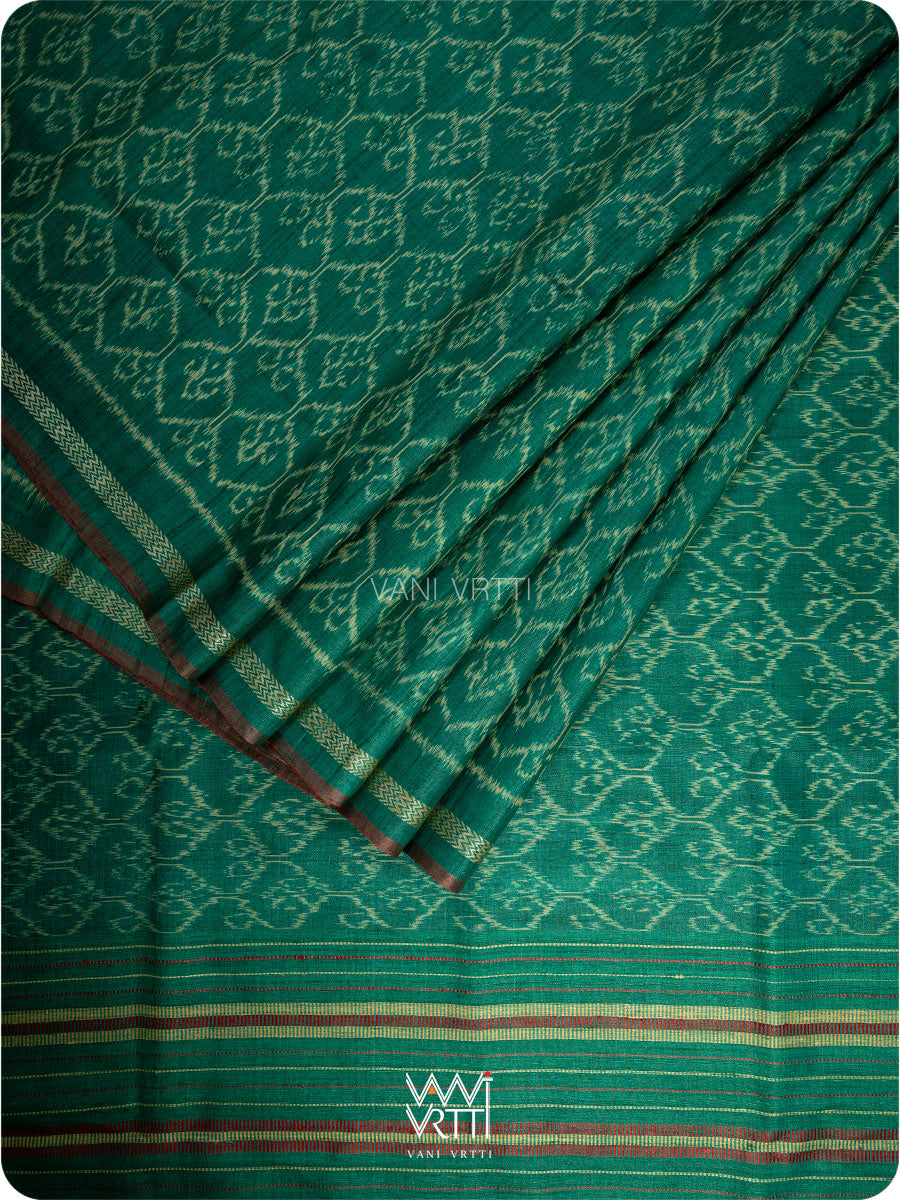 Emerald Green HoneyComb Ikat Handspun Tussar Silk Saree