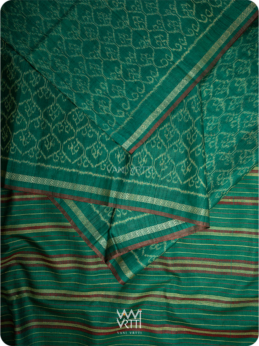 Emerald Green HoneyComb Ikat Handspun Tussar Silk Saree