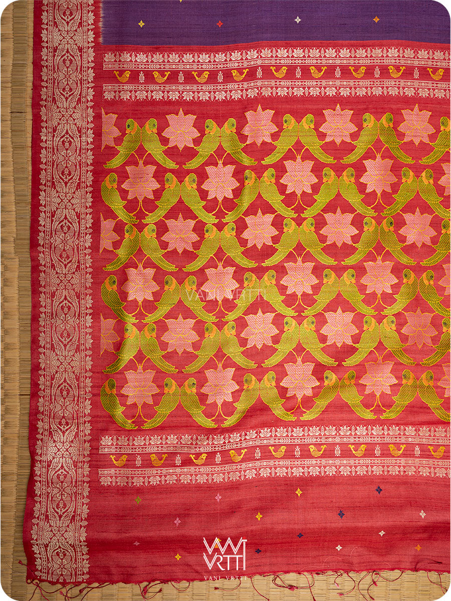 Purple Red Lotus Parrot Jaal Designer Exclusive Handspun Handwoven Tussar Silk Saree