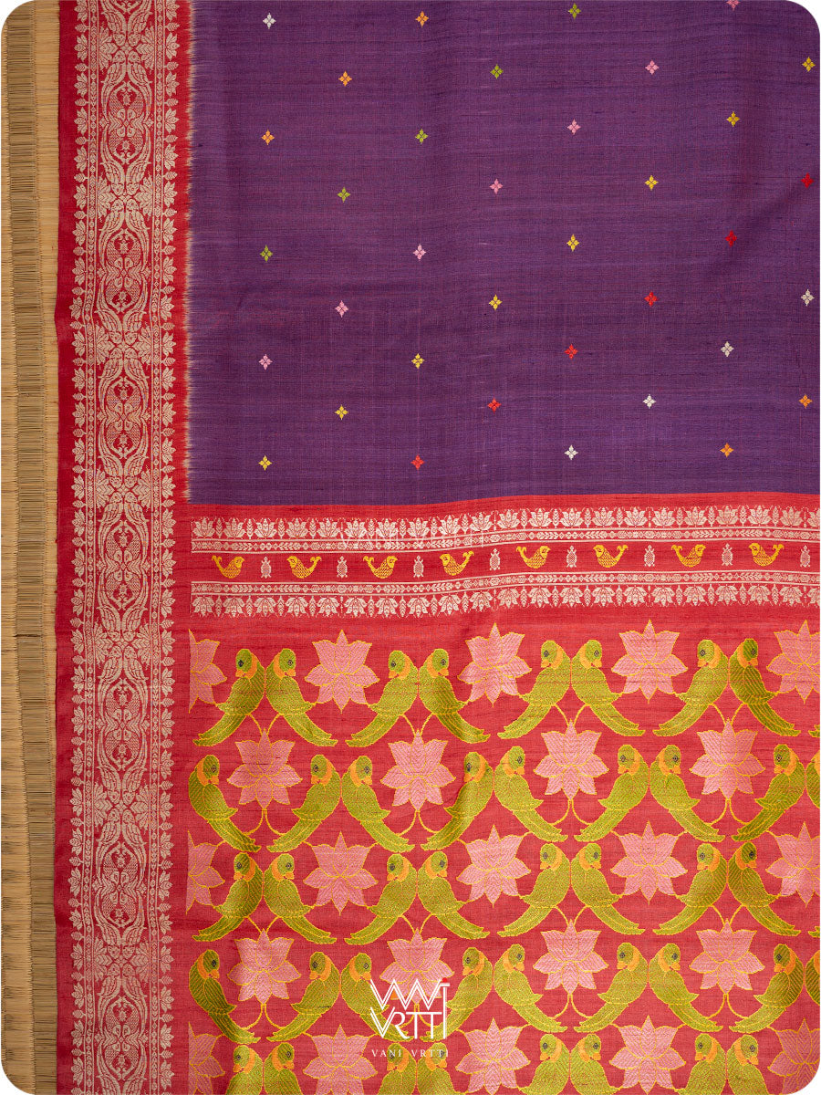 Purple Red Lotus Parrot Jaal Designer Exclusive Handspun Handwoven Tussar Silk Saree