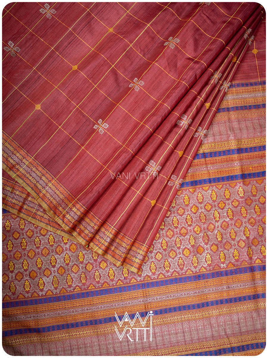 Ruby Red Matsya Kachhap Handspun Tussar Silk Saree