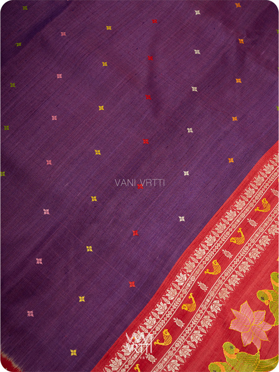 Purple Red Lotus Parrot Jaal Designer Exclusive Handspun Handwoven Tussar Silk Saree
