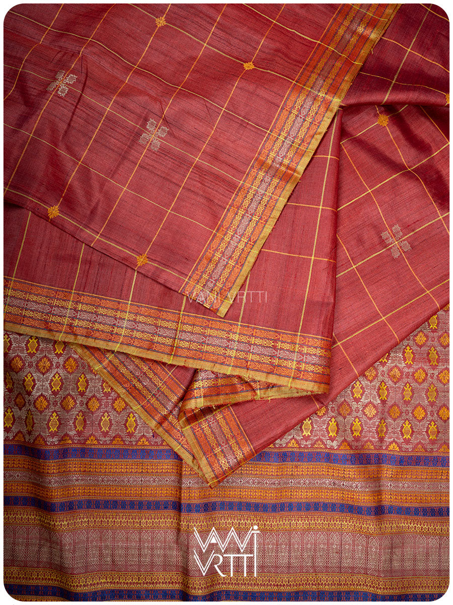 Ruby Red Matsya Kachhap Handspun Tussar Silk Saree