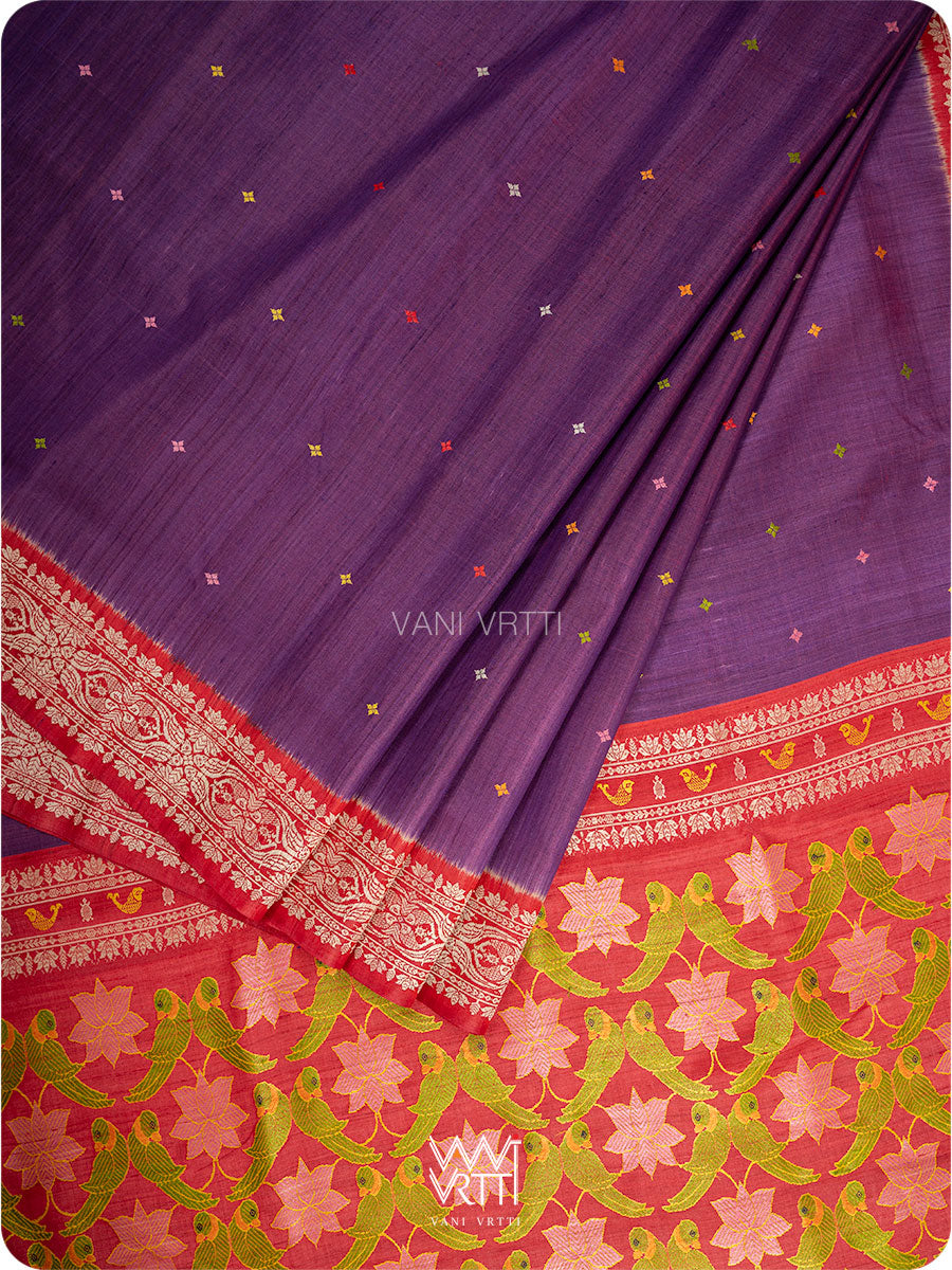 Purple Red Lotus Parrot Jaal Designer Exclusive Handspun Handwoven Tussar Silk Saree
